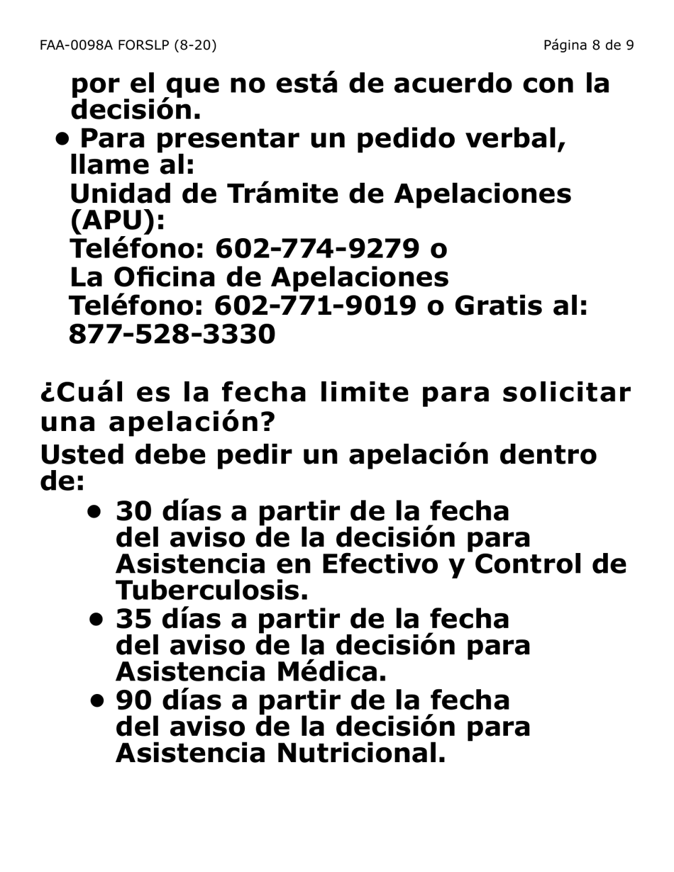 Formulario FAA-0098A-SLP Solicitud De Apelacion (Letra Grande) - Arizona (Spanish), Page 8