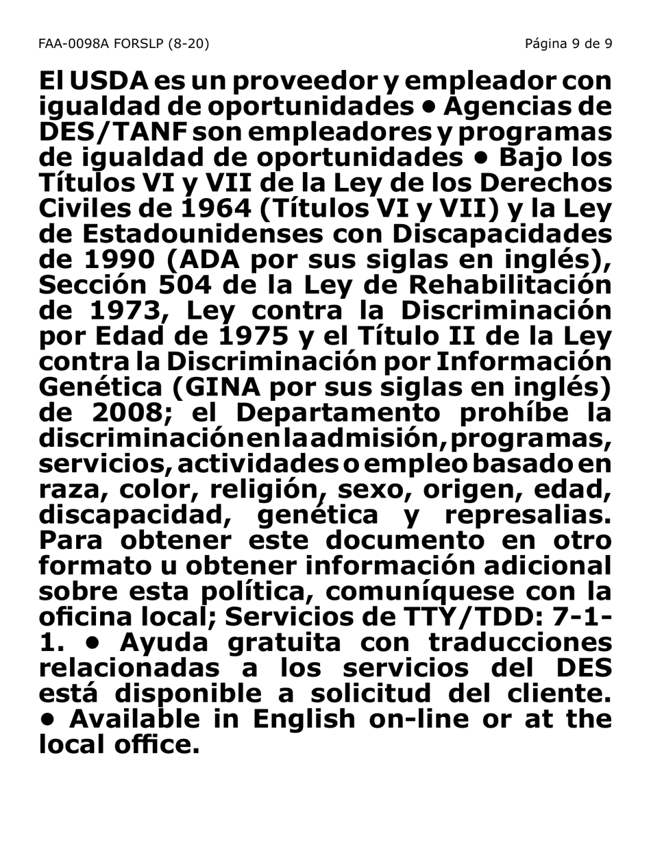 Formulario FAA-0098A-SLP Solicitud De Apelacion (Letra Grande) - Arizona (Spanish), Page 9