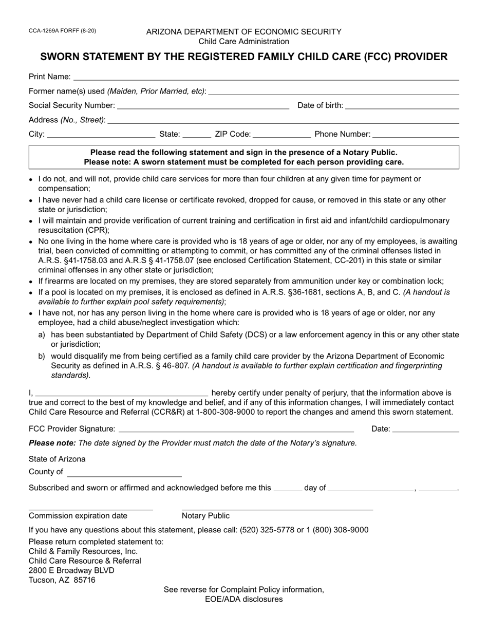 Form CCA-1269A Sworn Statement by the Registered Family Child Care (FCC) Provider - Arizona, Page 1