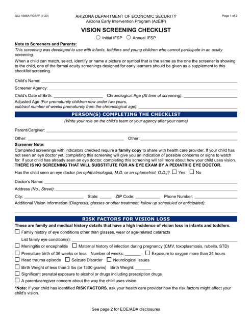Form GCI-1085A Vision Screening Checklist - Arizona