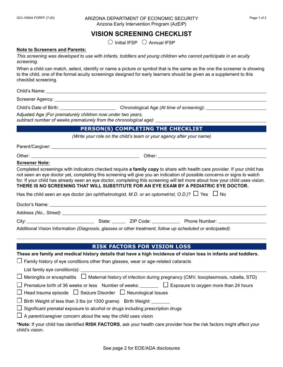 Form GCI-1085A Vision Screening Checklist - Arizona, Page 1