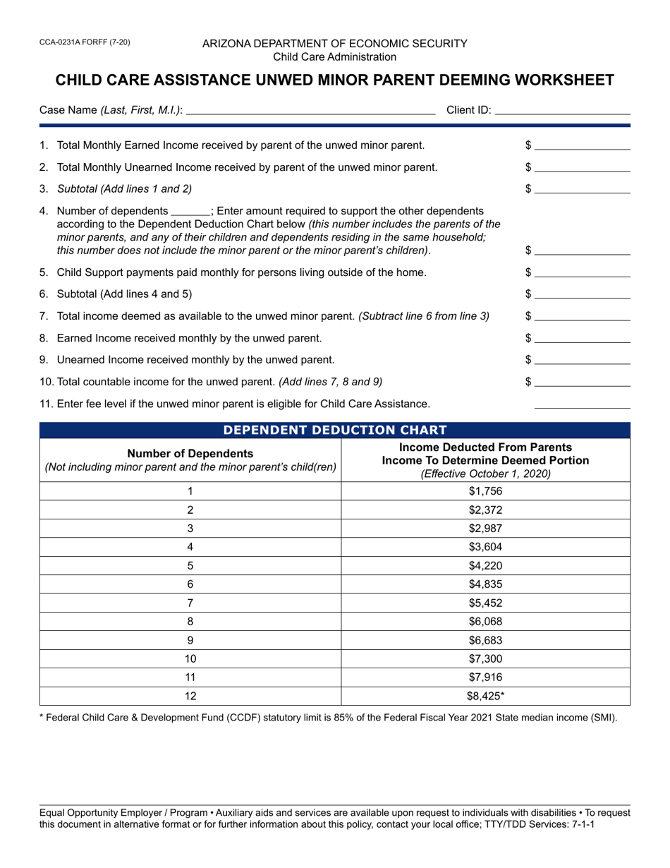 Form CCA-0231A Child Care Assistance Unwed Minor Parent Deeming Worksheet - Arizona, Page 1