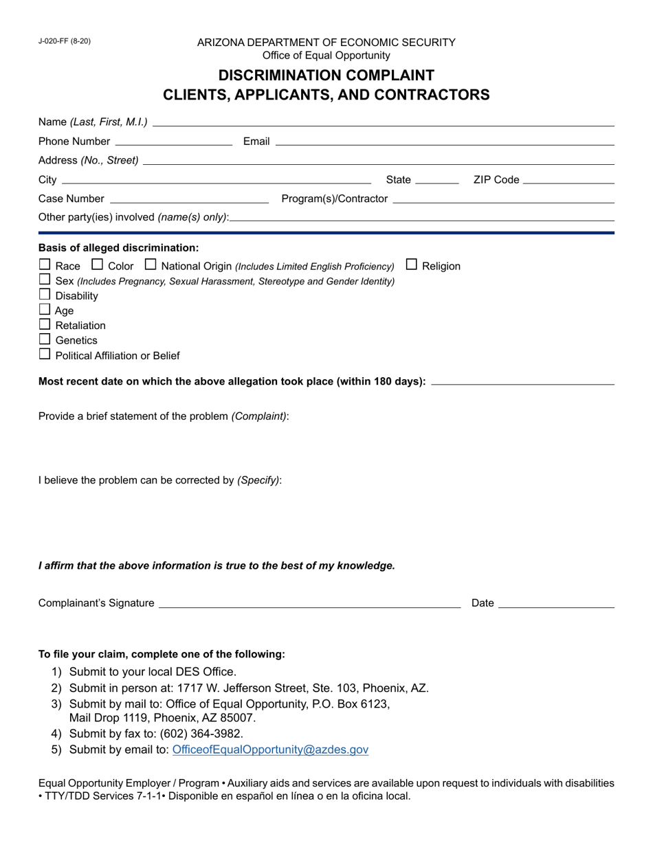Form J-020 Discrimination Complaint - Clients, Applicants, and Contractors - Arizona, Page 1