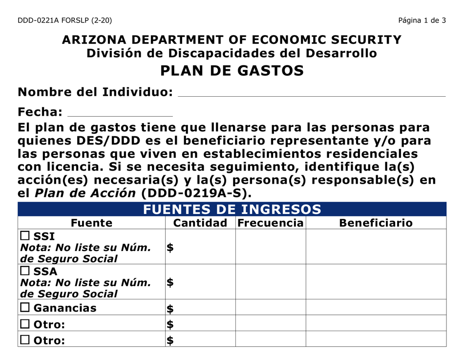 Formulario DDD-0221A-SLP Plan De Gastos (Letra Grande) - Arizona (Spanish), Page 1