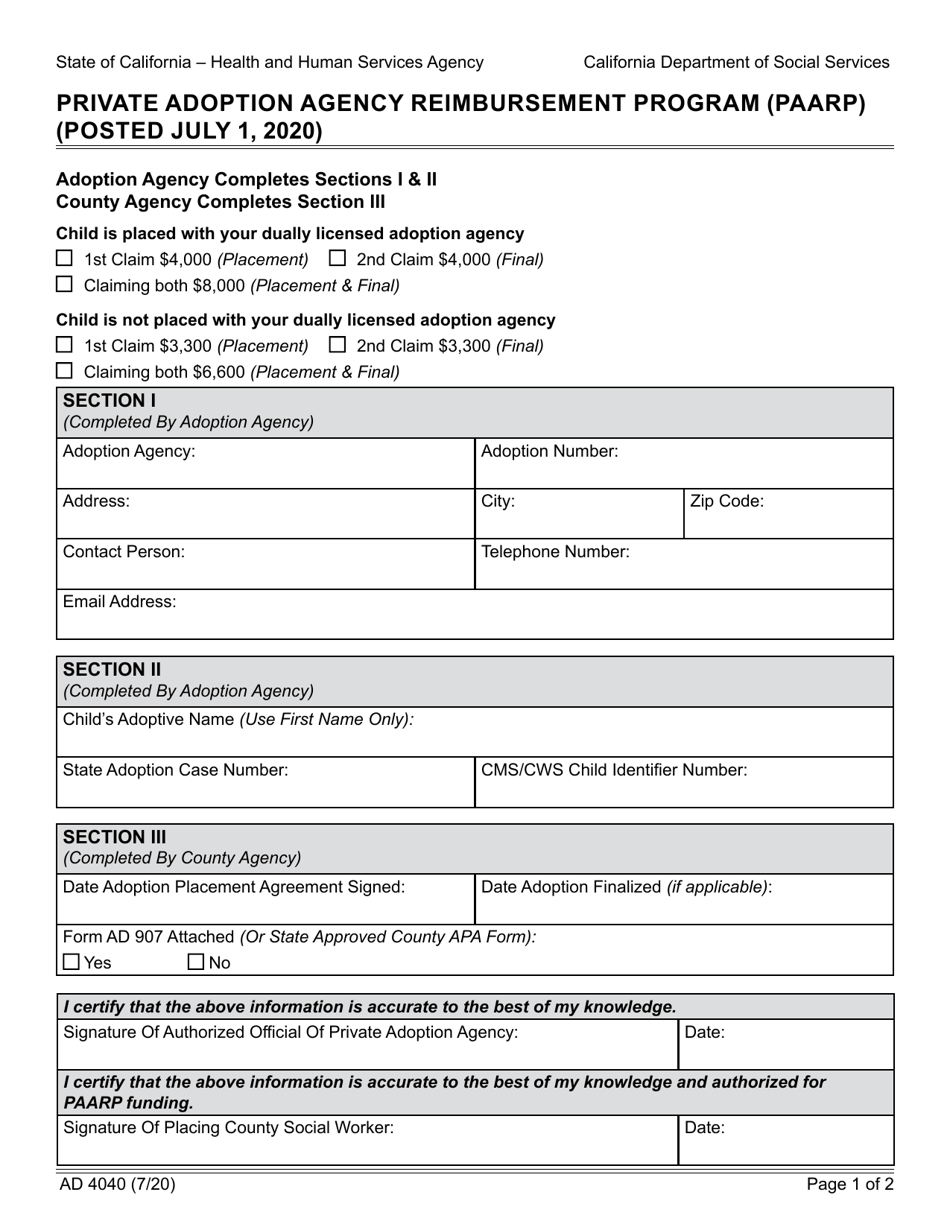 Form AD4040 Private Adoption Agency Reimbursement Program (Paarp) - California, Page 1