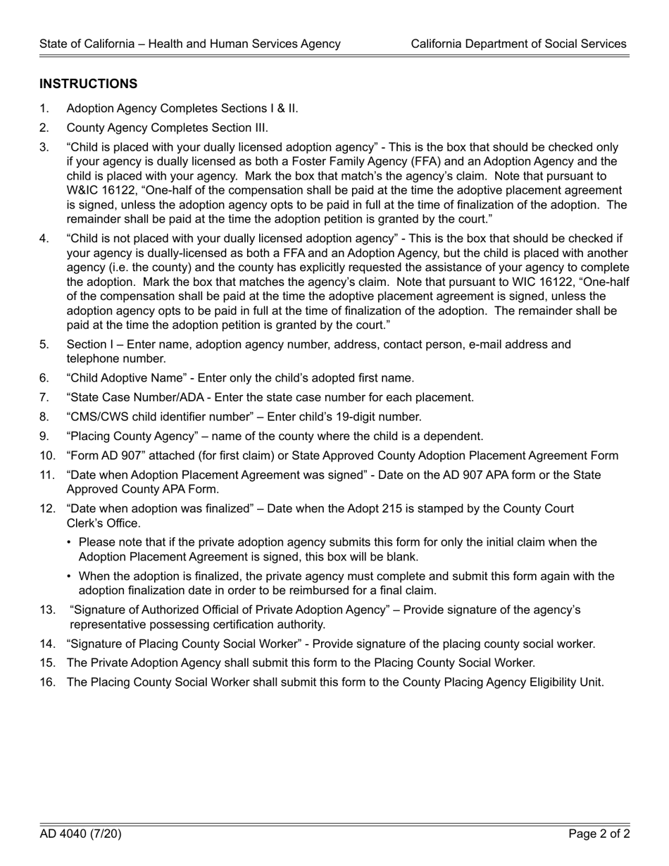 Form AD4040 Private Adoption Agency Reimbursement Program (Paarp) - California, Page 2