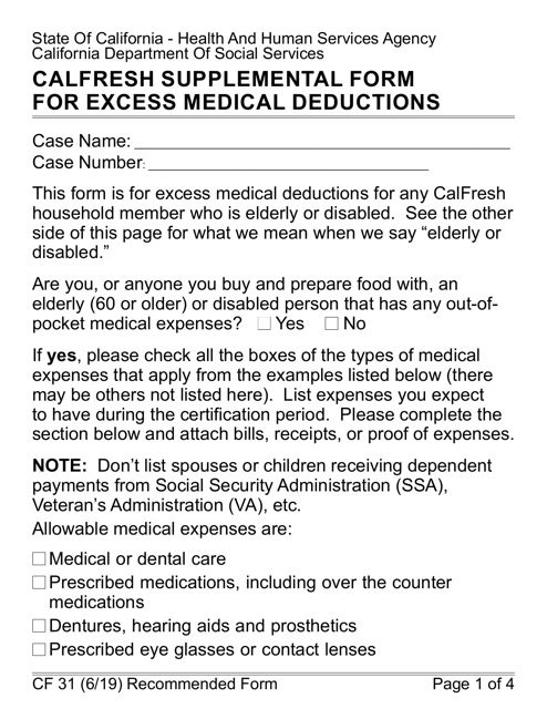 Form CF31LP CalFresh Supplemental Form for Excess Medical Deductions - Large Print - California