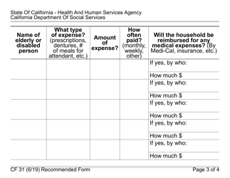 Form CF31LP CalFresh Supplemental Form for Excess Medical Deductions - Large Print - California, Page 3
