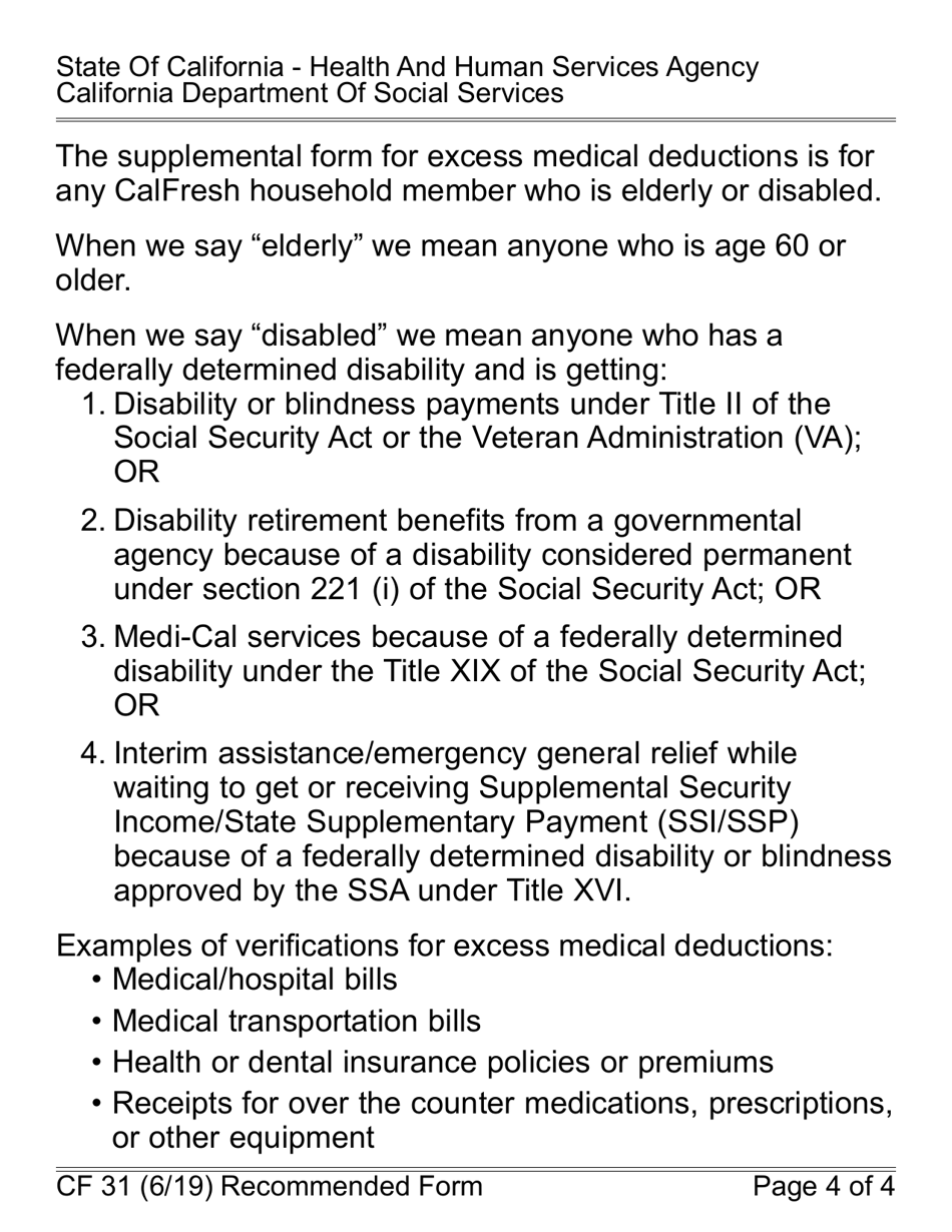 Form CF31LP CalFresh Supplemental Form for Excess Medical Deductions - Large Print - California, Page 4