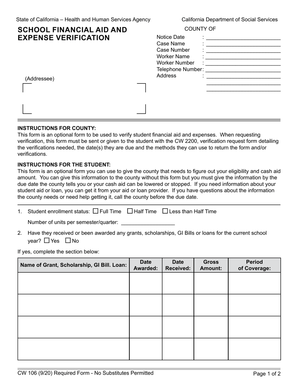 Form CW106 School Financial Aid and Expense Verification - California, Page 1