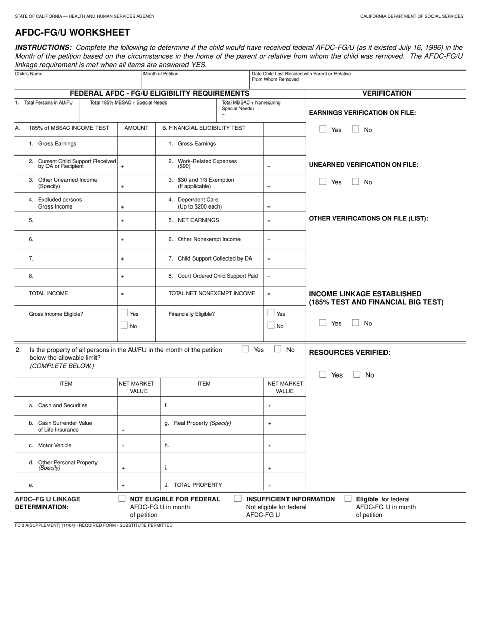 Form FC3A (SUPPLEMENT) AFDC-Fg / U Worksheet - California, Page 1