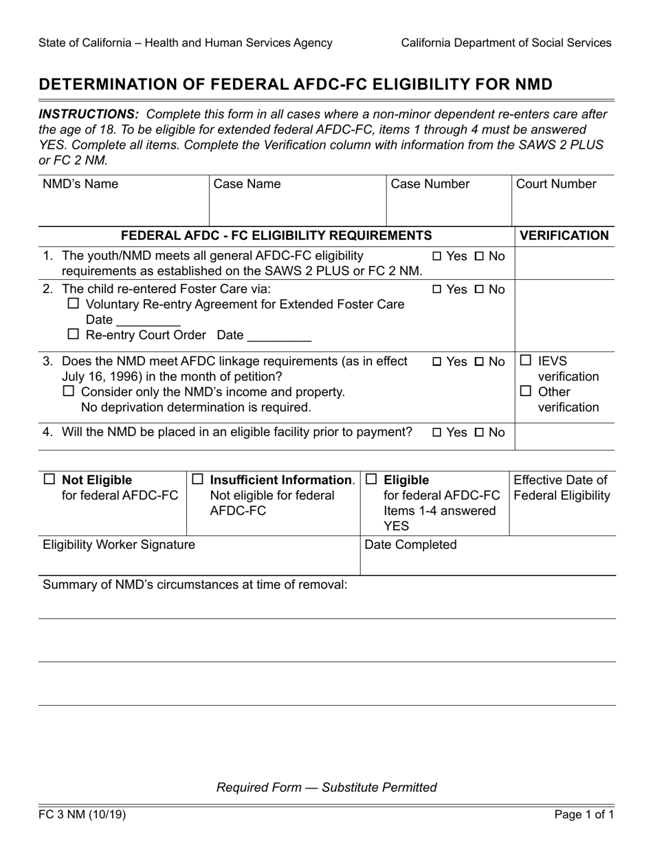 Form FC3 NM Determination of Federal AFDC-FC Eligibility for Nmd - California, Page 1
