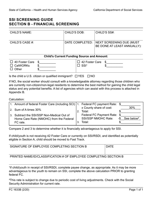 Form FC1633B Section B Ssi Screening Guide - Financial Screening - California