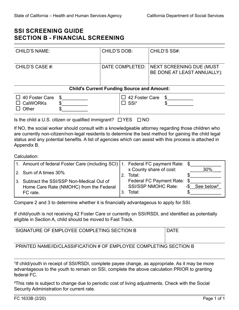 Form FC1633B Section B Ssi Screening Guide - Financial Screening - California, Page 1