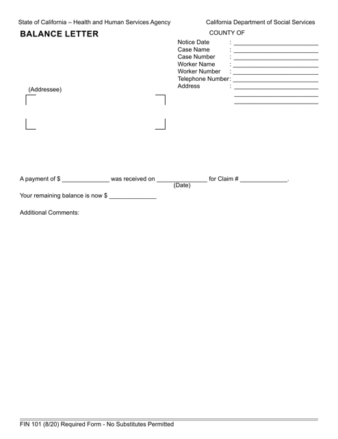 Form FIN101 Balance Letter - California