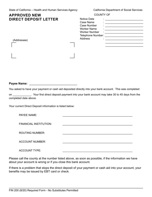 Form FIN200 Approved New Direct Deposit Letter - California