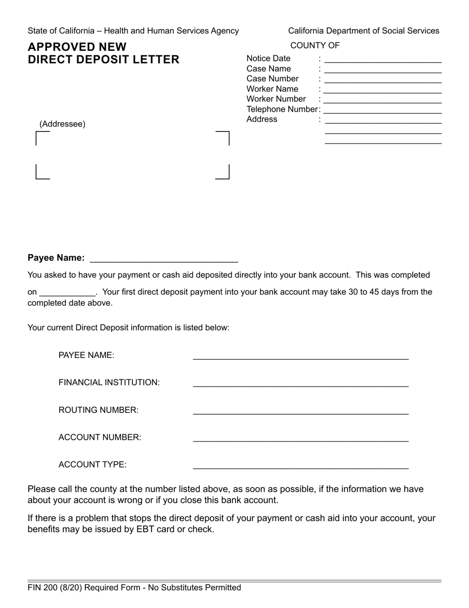 Form FIN200 Approved New Direct Deposit Letter - California, Page 1