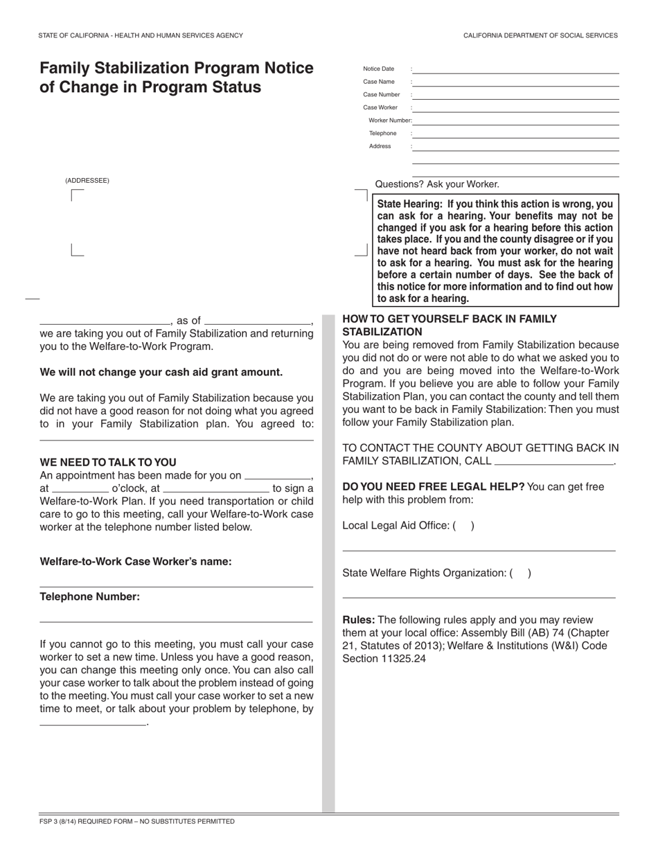 Form FSP3 Family Stabilization Program Notice of Change in Program Status - California, Page 1