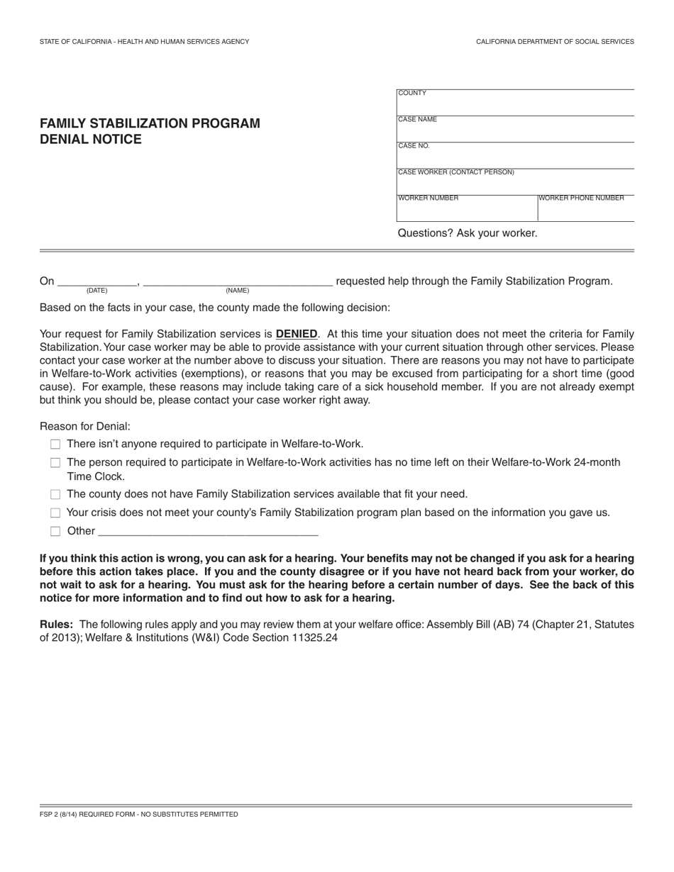 Form FSP2 Family Stabilization Program Denial Notice - California, Page 1