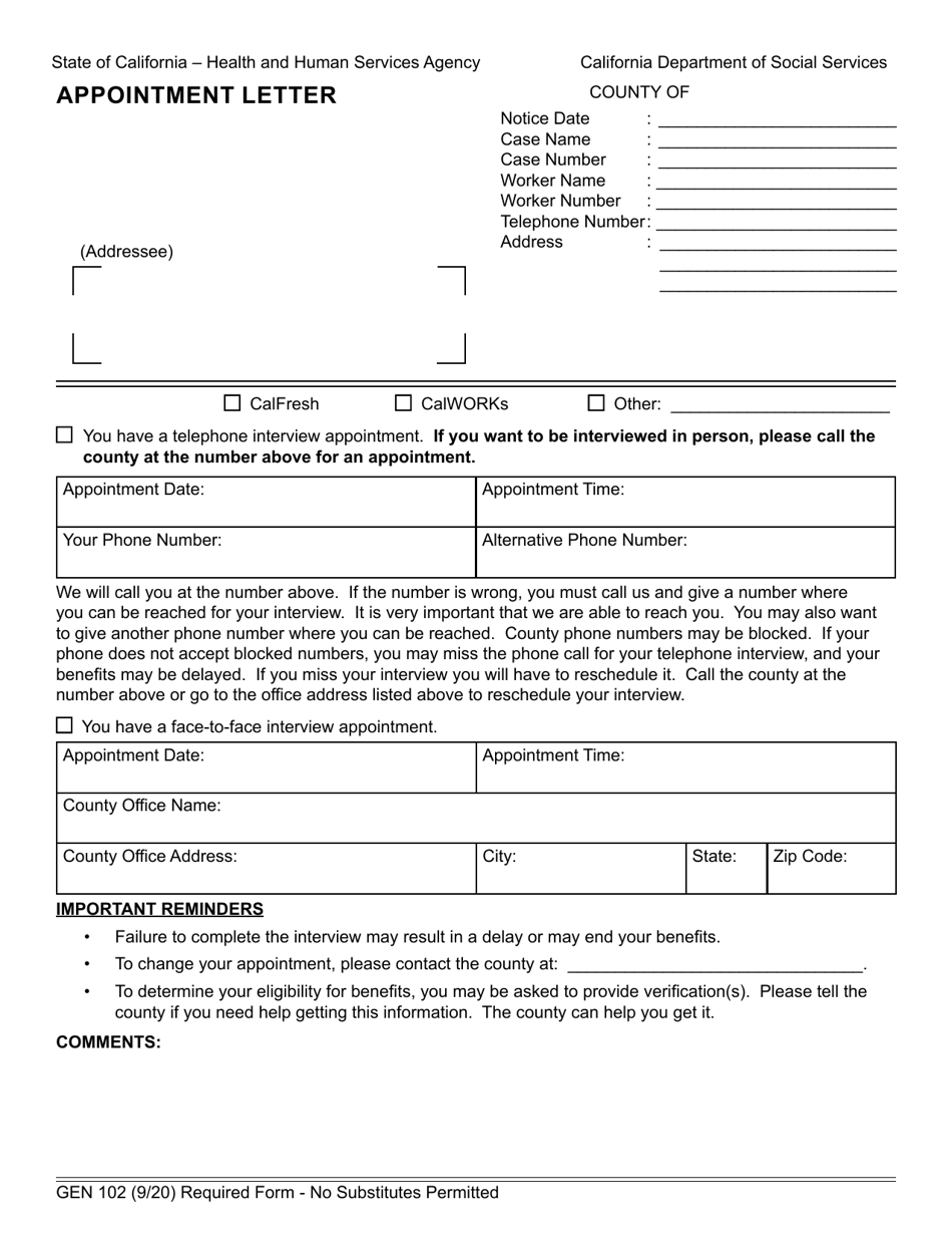 Form GEN102 Appointment Letter - California, Page 1