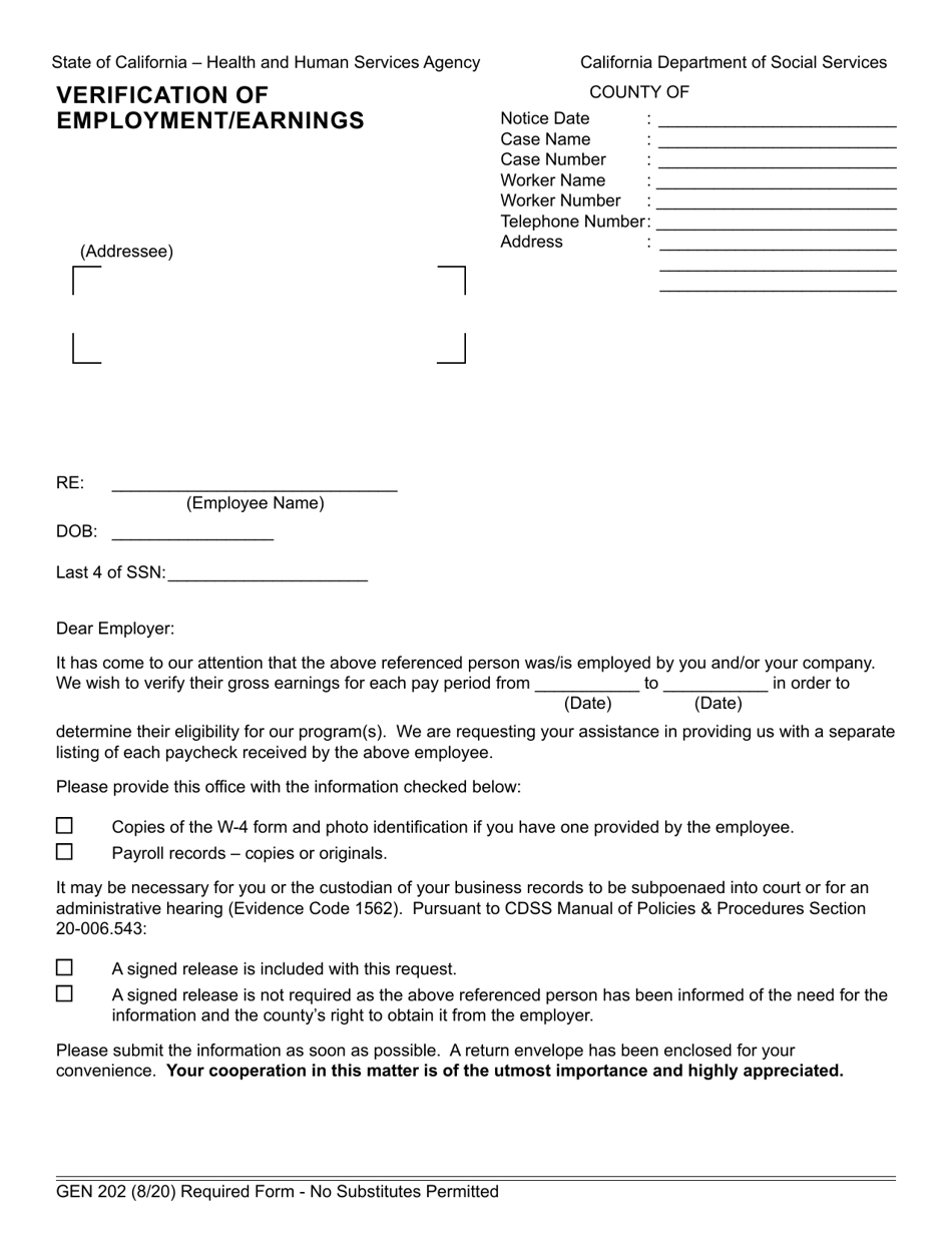 Form GEN202 Verification of Employment / Earnings - California, Page 1