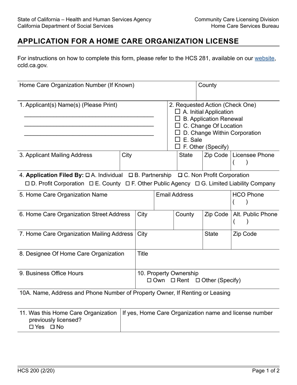 Form HCS200 Download Fillable PDF Or Fill Online Application For A Home   Form Hcs200 Application For A Home Care Organization License California Print Big 