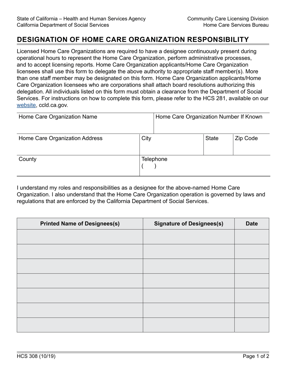 Form HCS308 Download Fillable PDF or Fill Online Designation of Home