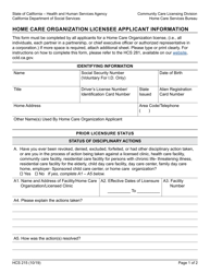 Form HCS215 Home Care Organization Licensee Applicant Information - California