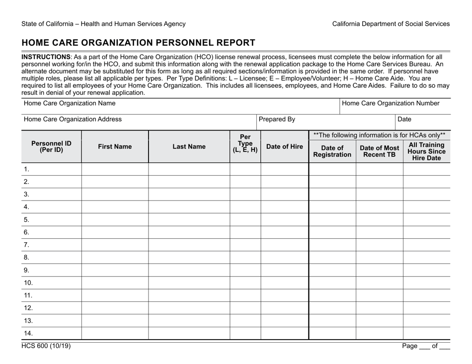 Form HCS600 - Fill Out, Sign Online and Download Fillable PDF ...