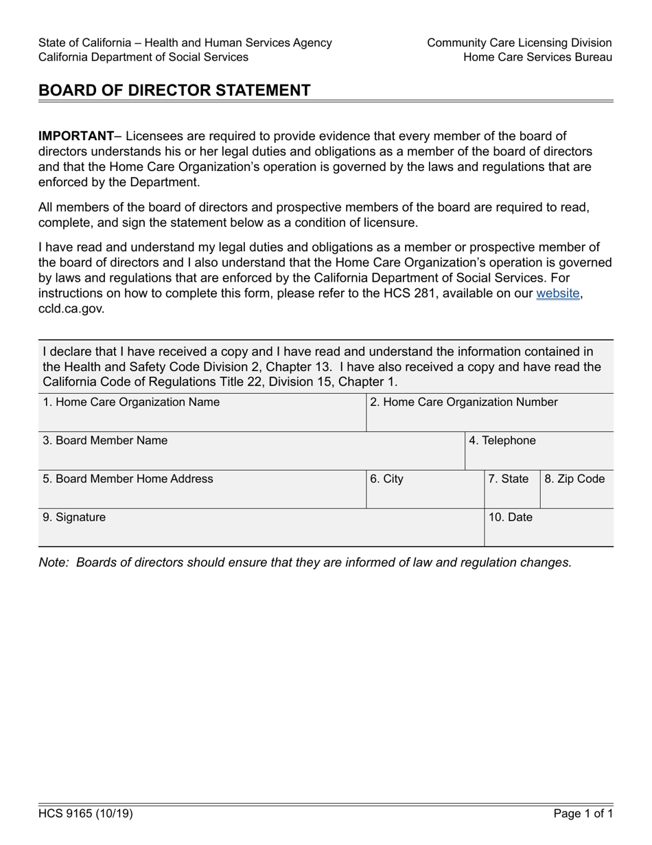 Form HCS9165 Board of Director Statement - California, Page 1