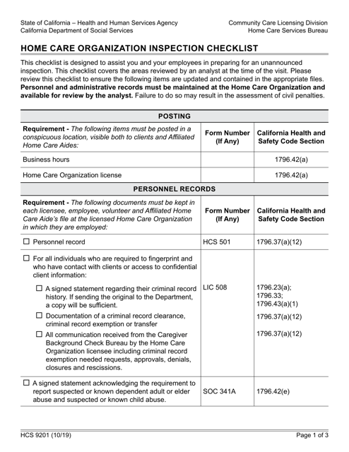 Form HCS9201 Home Care Organization Inspection Checklist - California