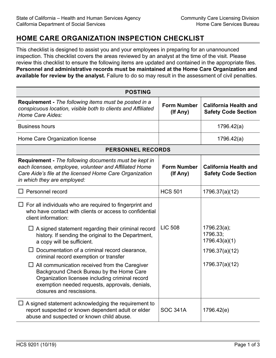 Form HCS9201 Home Care Organization Inspection Checklist - California, Page 1