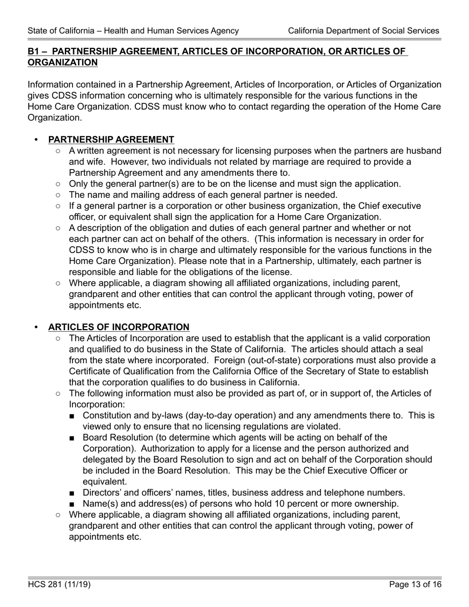 Form HCS281 Application Instructions for a Home Care Organization License - California, Page 13