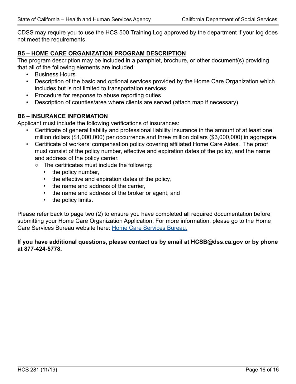Form HCS281 Application Instructions for a Home Care Organization License - California, Page 16