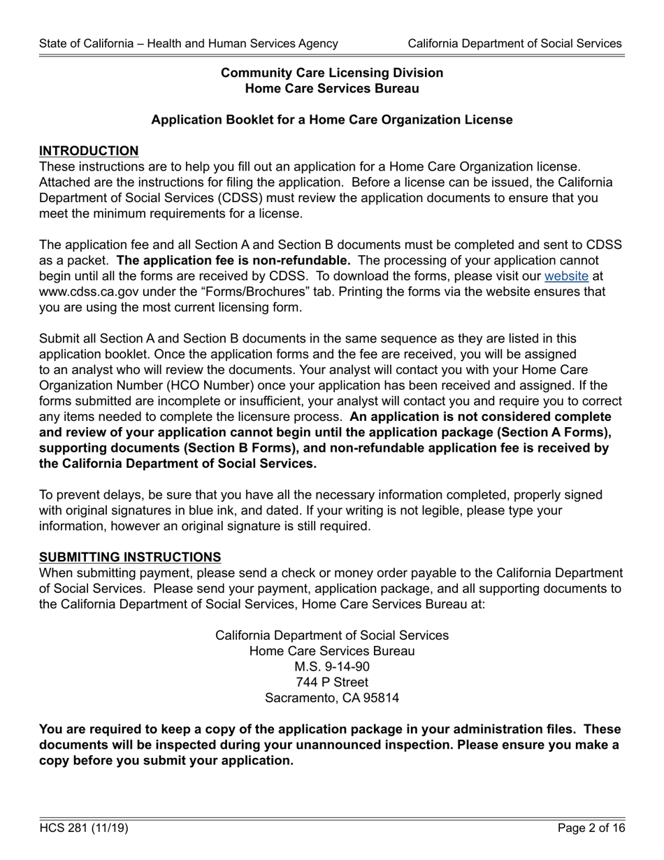 Form HCS281 Application Instructions for a Home Care Organization License - California, Page 2