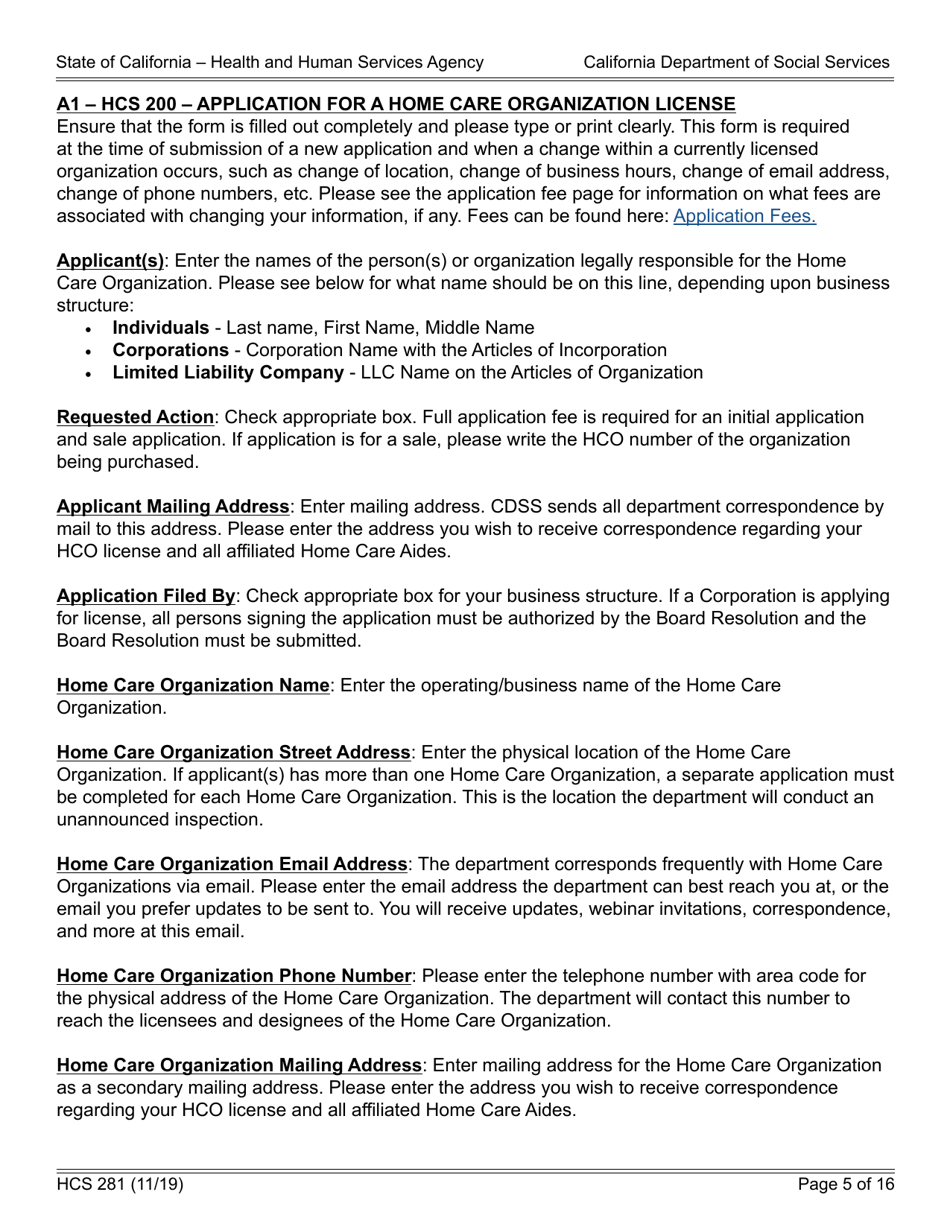 Form HCS281 Application Instructions for a Home Care Organization License - California, Page 5
