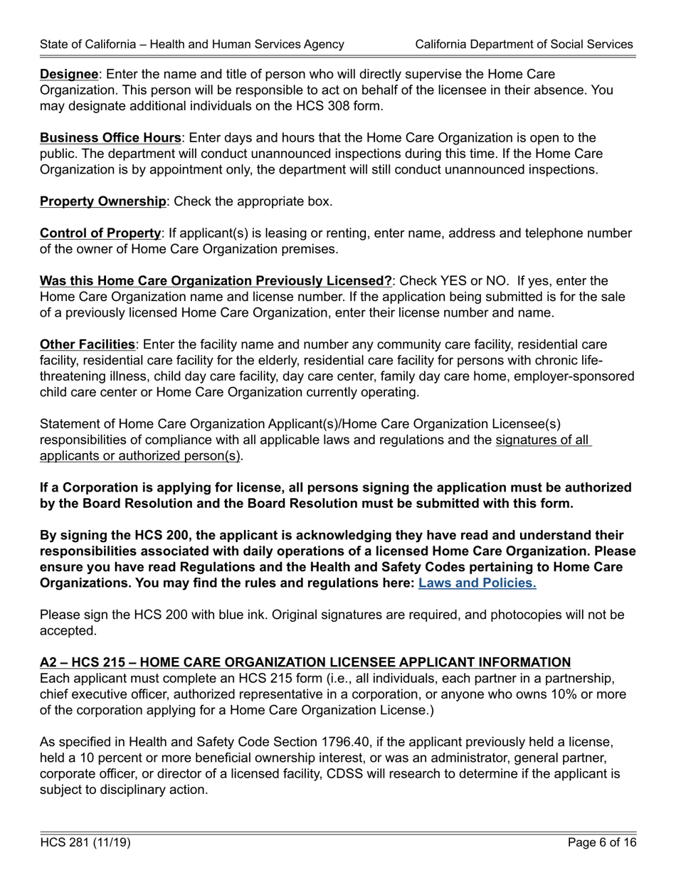 Form HCS281 Application Instructions for a Home Care Organization License - California, Page 6