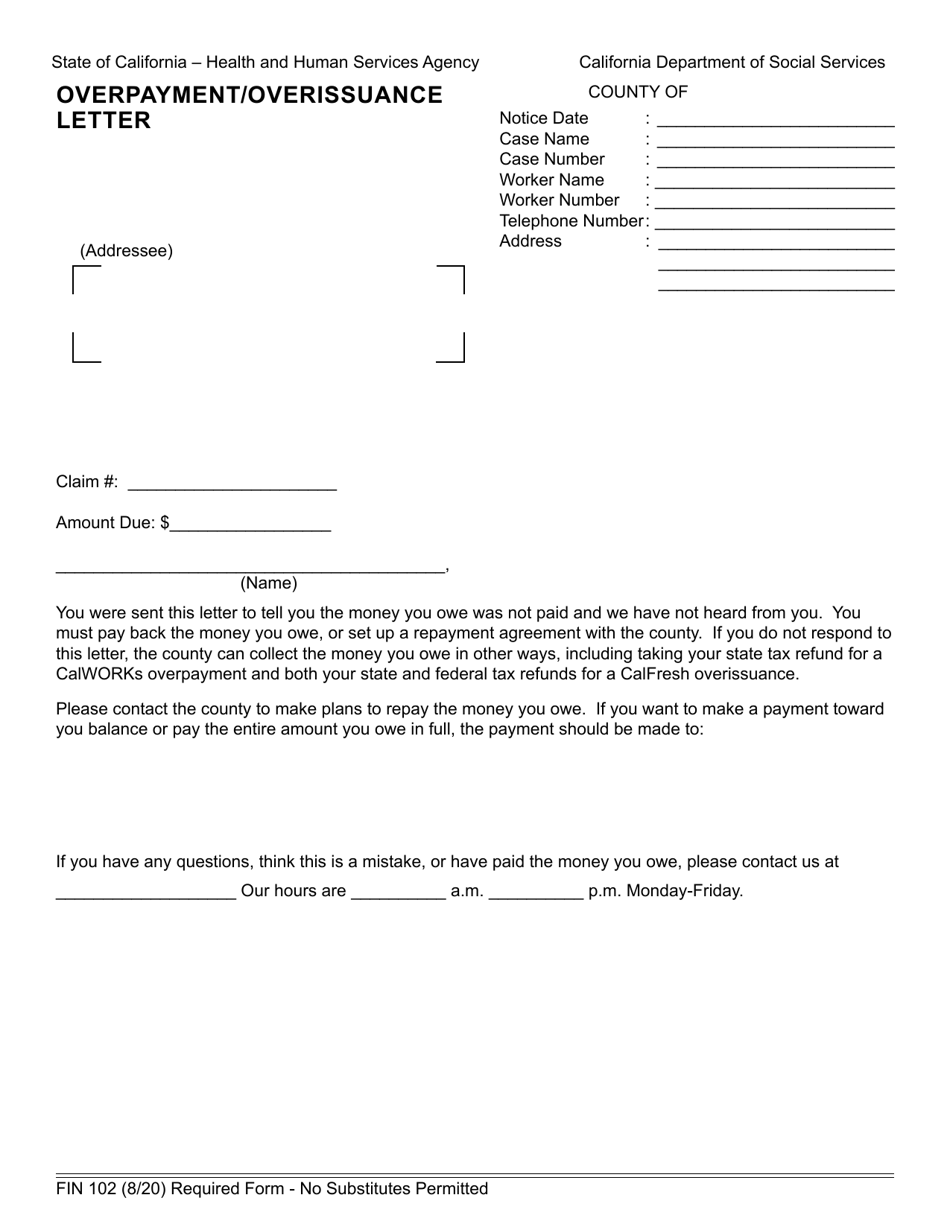 Form FIN102 Overpayment / Overissuance Letter - California, Page 1