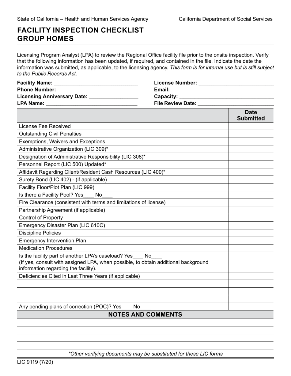 Form LIC9119 Facility Inspection Checklist Group Homes - California, Page 1
