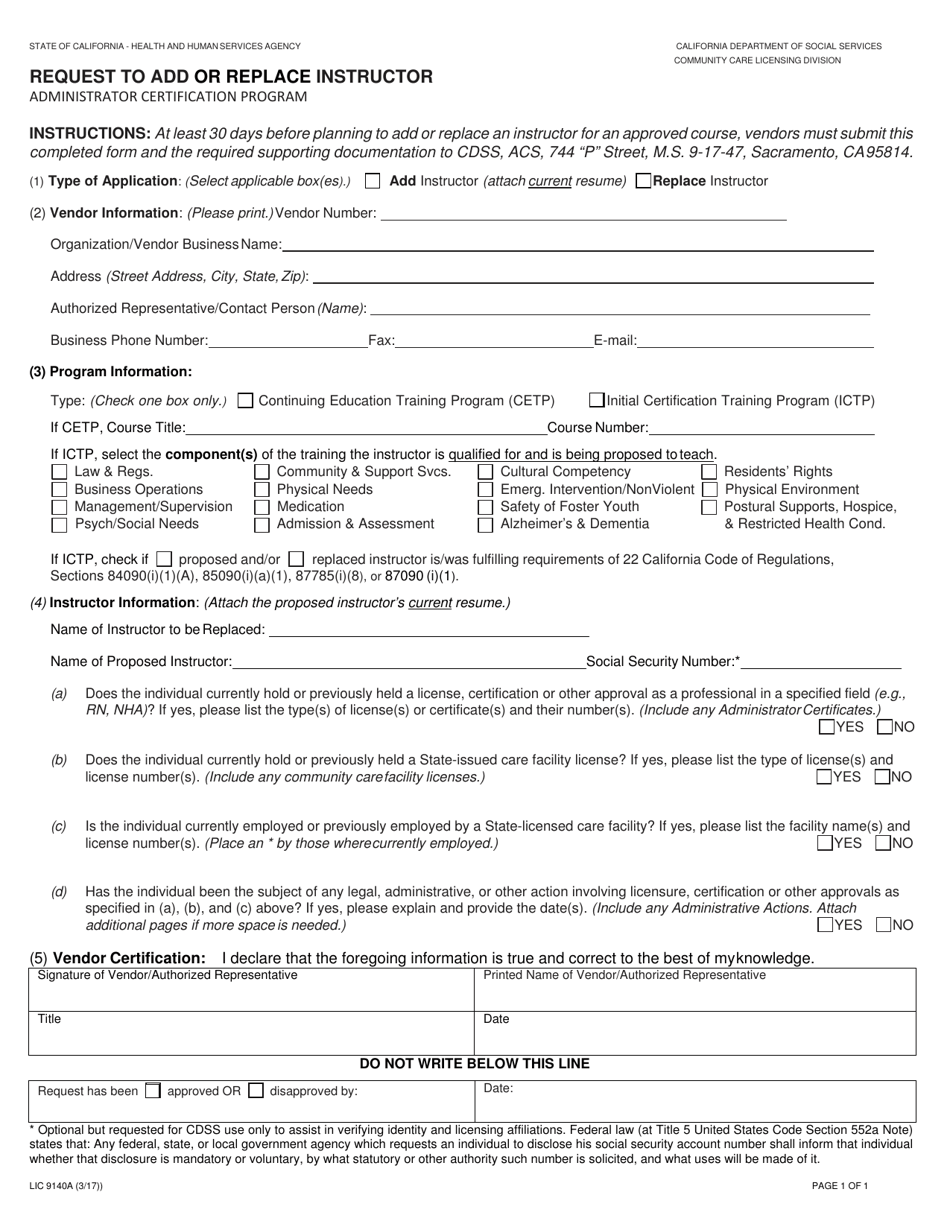 Form LIC9140A Request to Add or Replace Instructor - California, Page 1