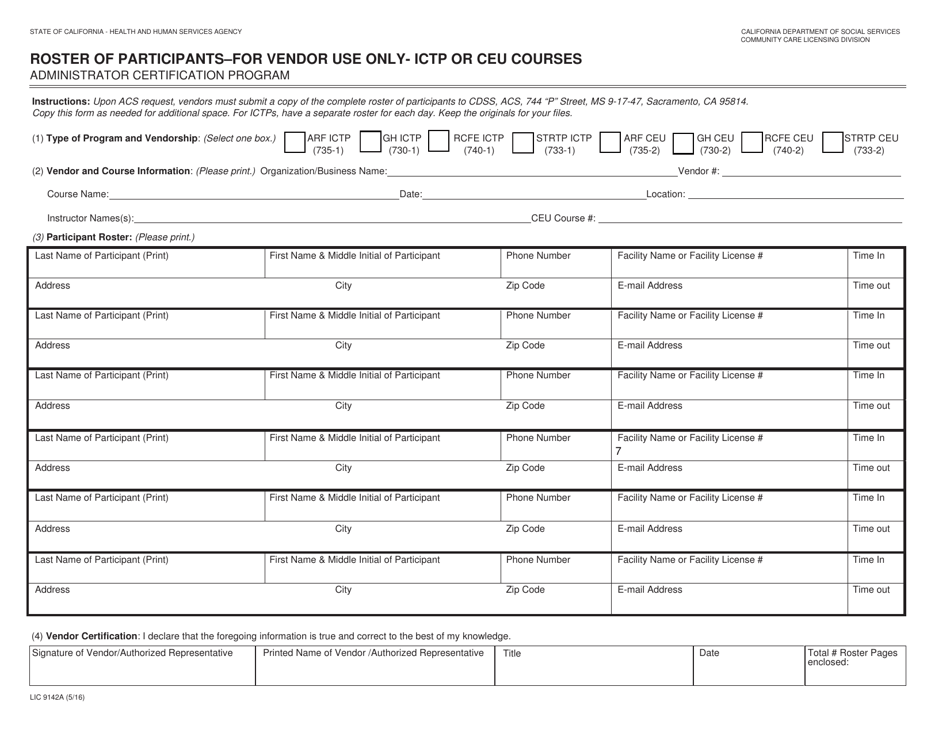 Form LIC9142A Roster of Participants-For Vendor Use Only- Ictp or Ceu Courses - California, Page 1