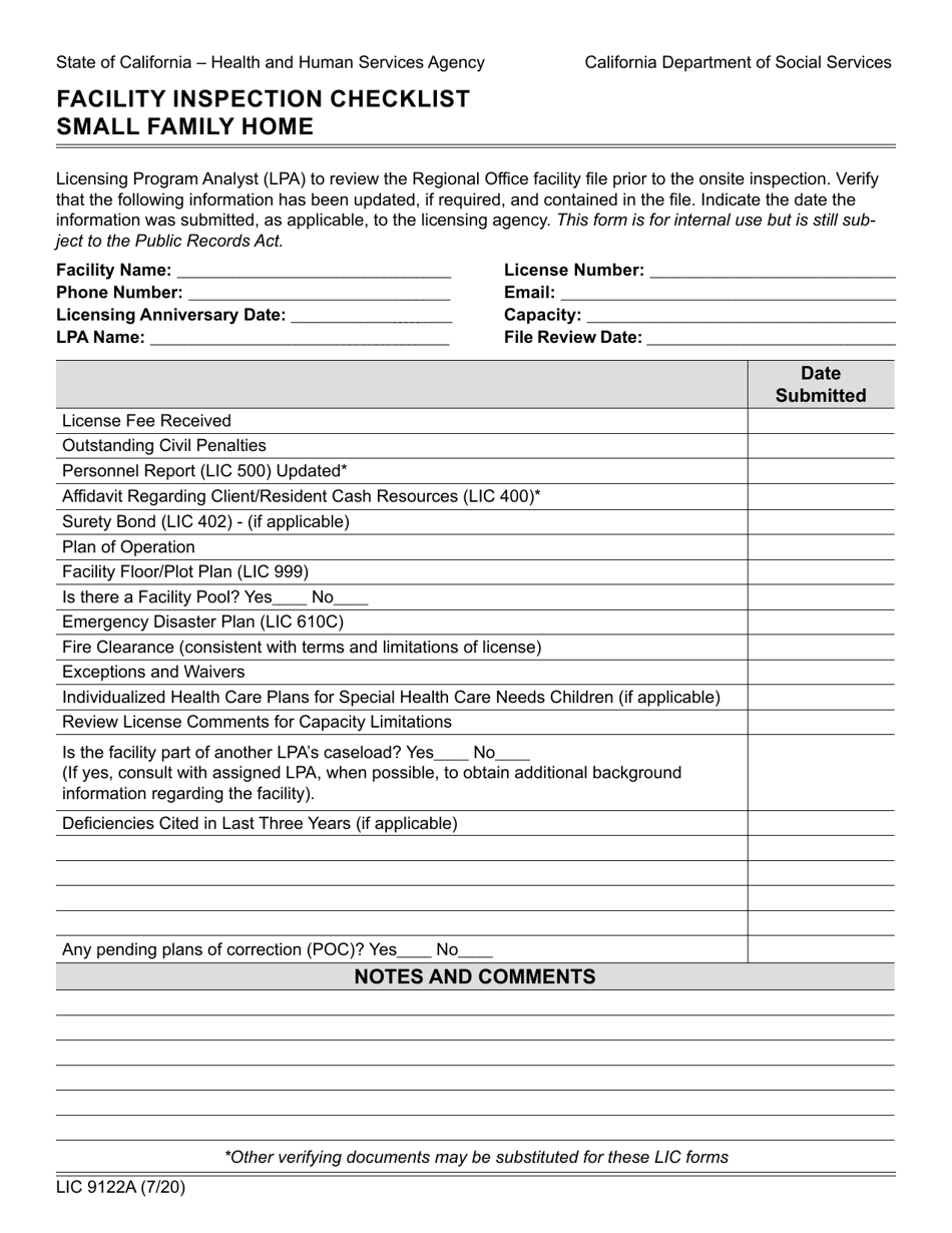 Form LIC9122A Facility Inspection Checklist Small Family Home - California, Page 1