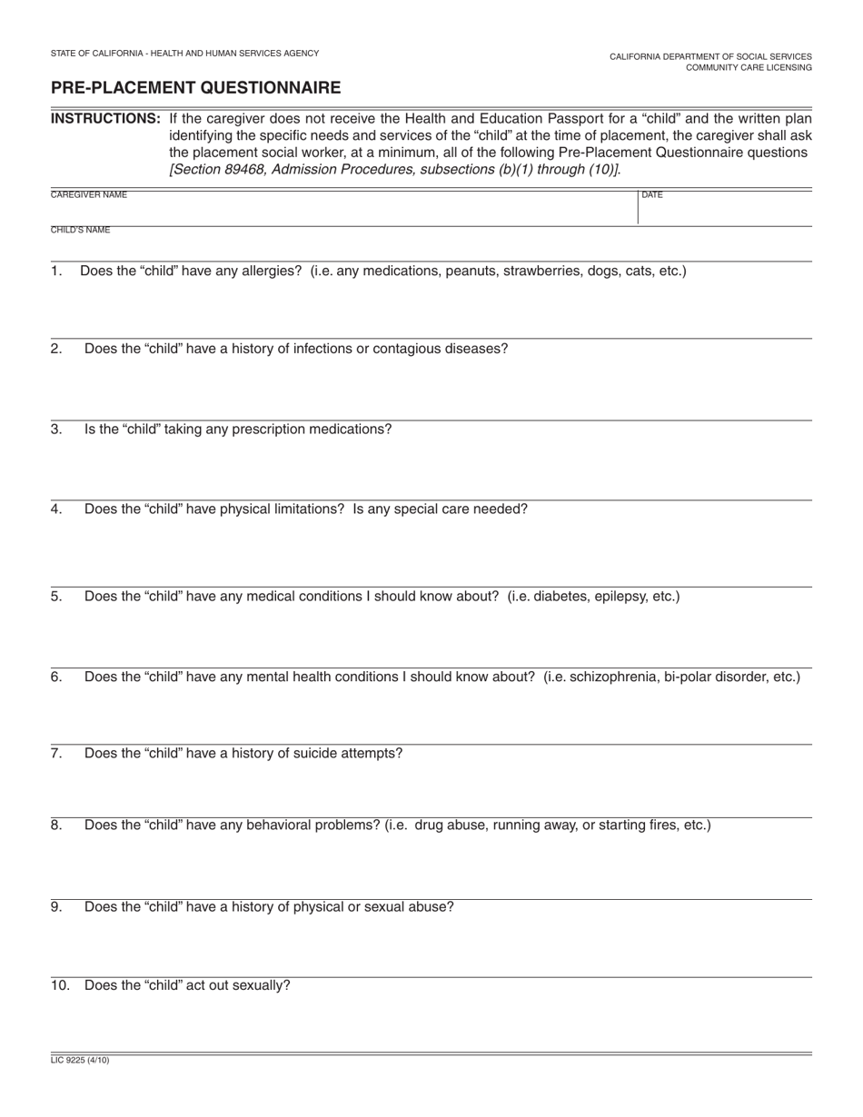 Form LIC9225 Pre-placement Questionnaire - California, Page 1