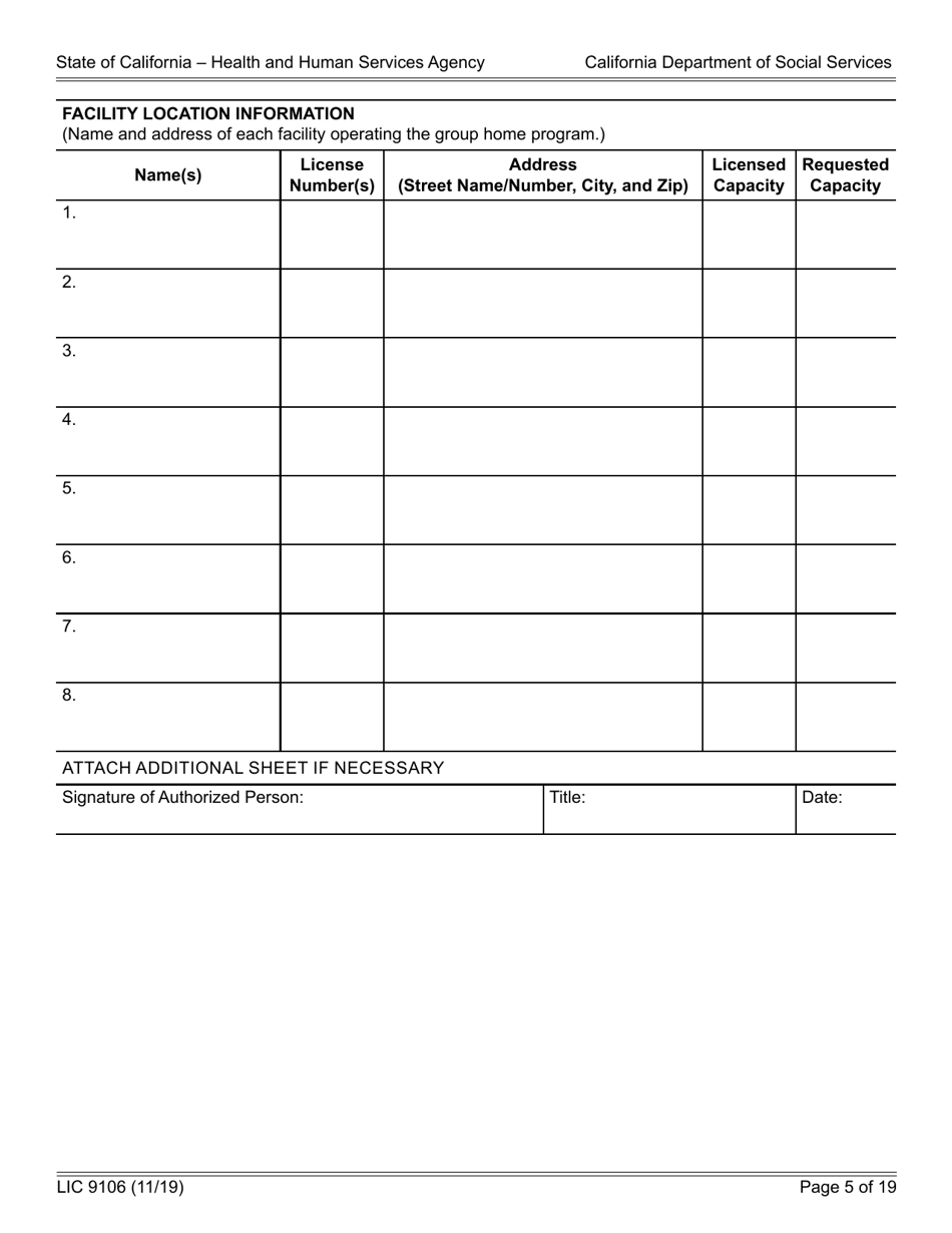 Form LIC9106 Download Fillable PDF or Fill Online Group Home Program ...