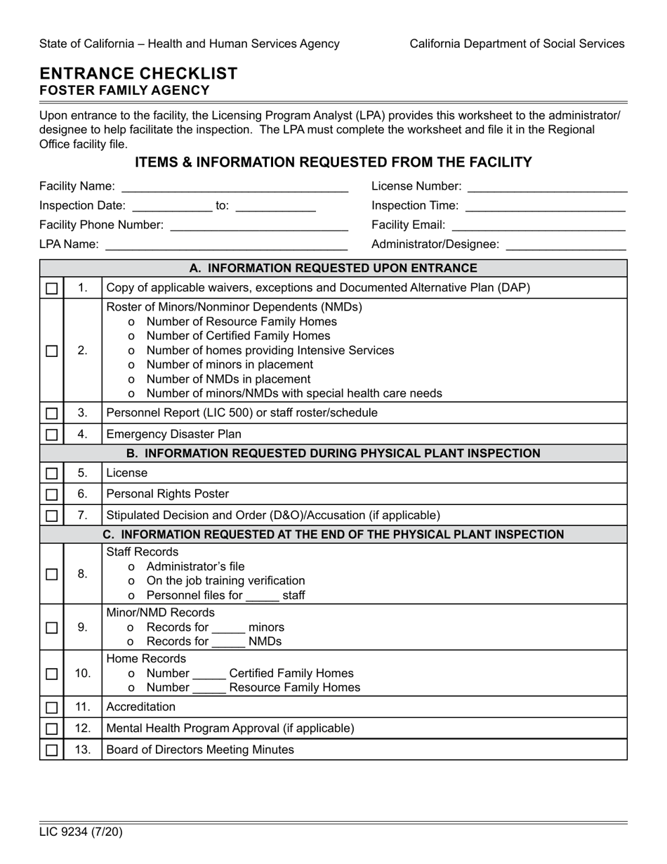 Form LIC9234 Entrance Checklist - Foster Family Agency - California, Page 1