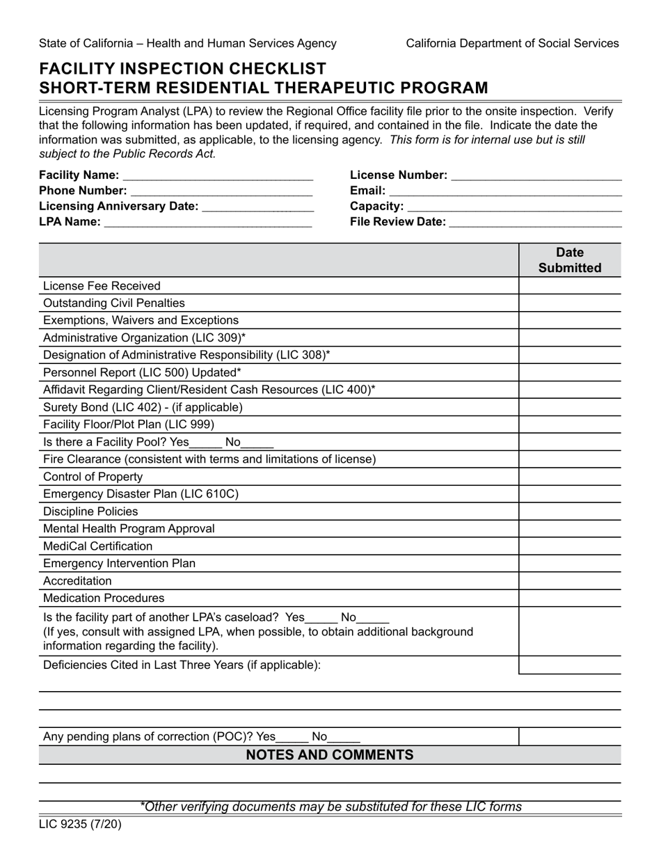 Form LIC9235 Facility Inspection Checklist - Short-Term Residential Therapeutic Program - California, Page 1