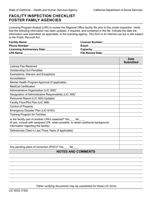 Form LIC9233 Facility Inspection Checklist Foster Family Agencies - California