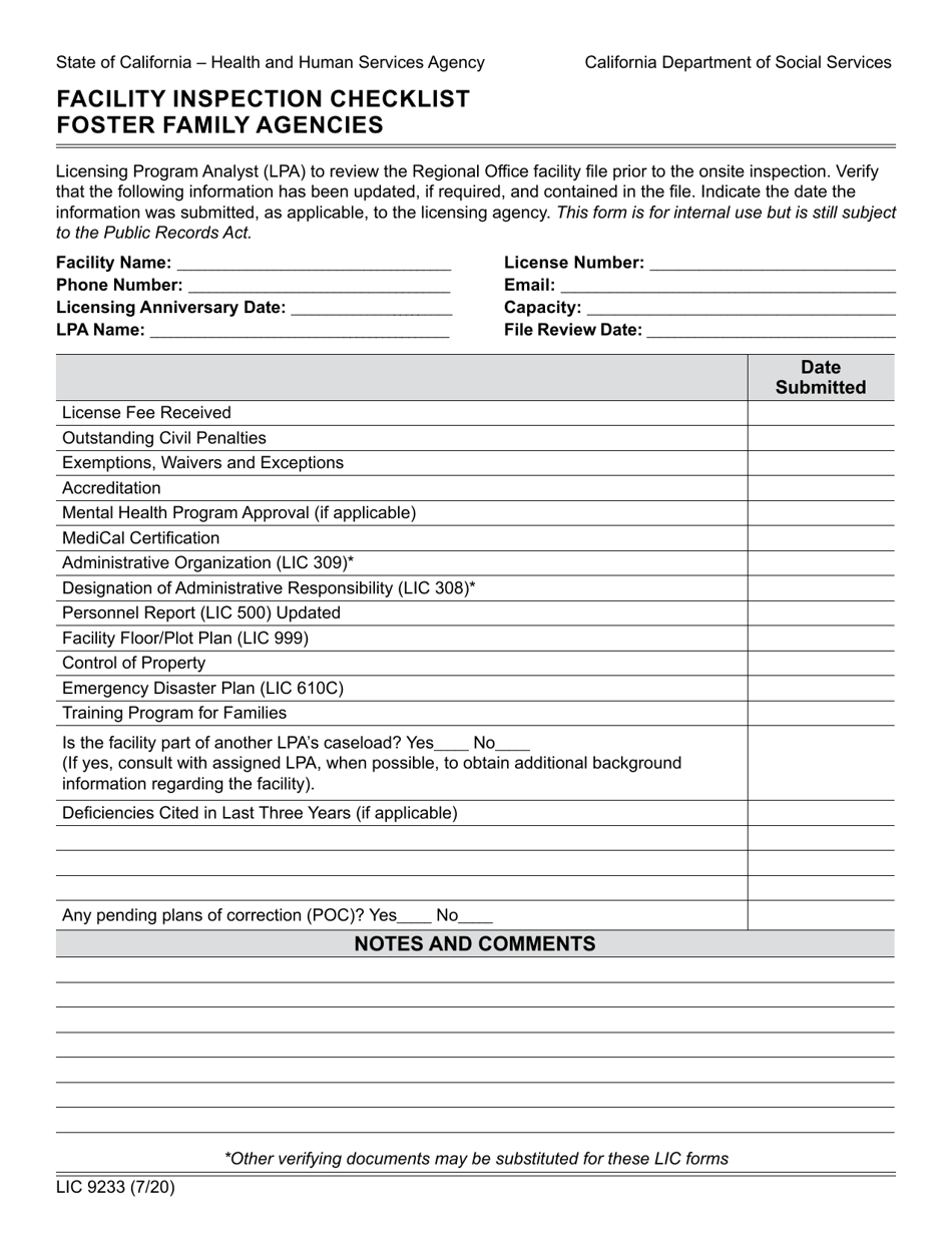 Form LIC9233 Facility Inspection Checklist Foster Family Agencies - California, Page 1