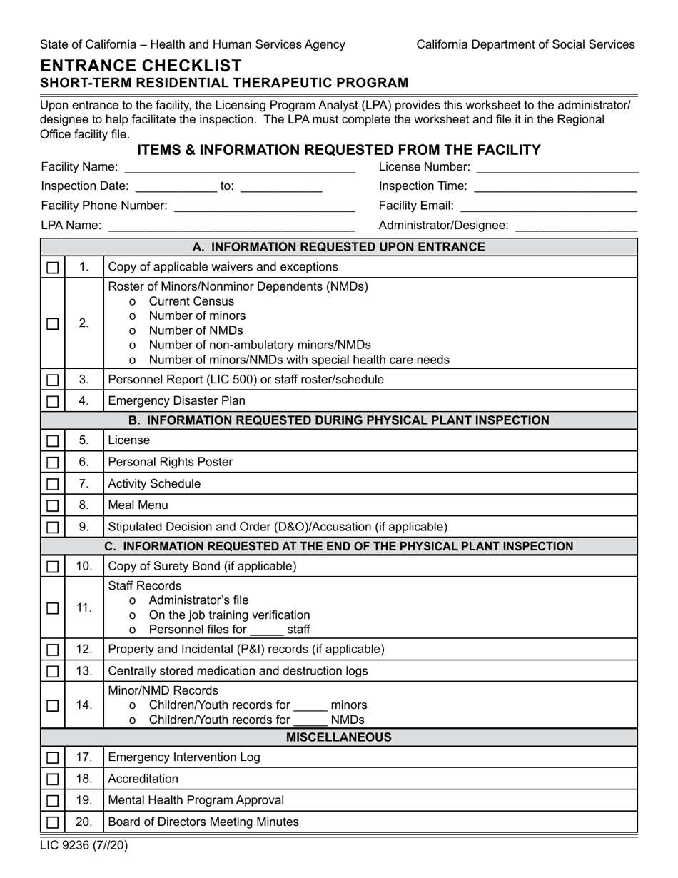 Form LIC9236 Entrance Checklist - Short-Term Residential Therapeutic Program - California, Page 1
