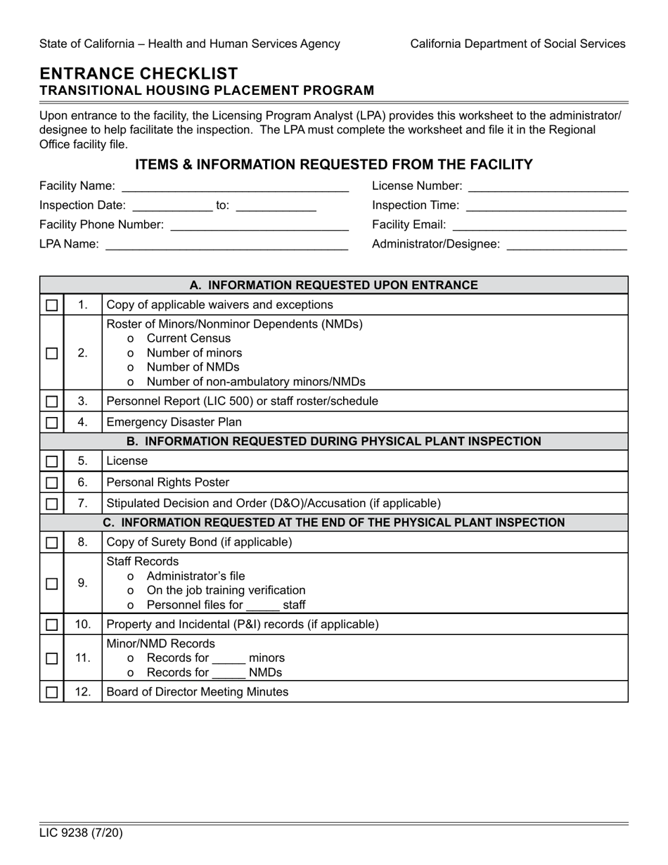 Form LIC9238 Entrance Checklist Transitional Housing Placement Program - California, Page 1